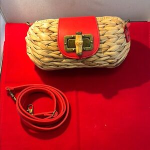 Tan and Red Crossbody Bag with Gold Accents